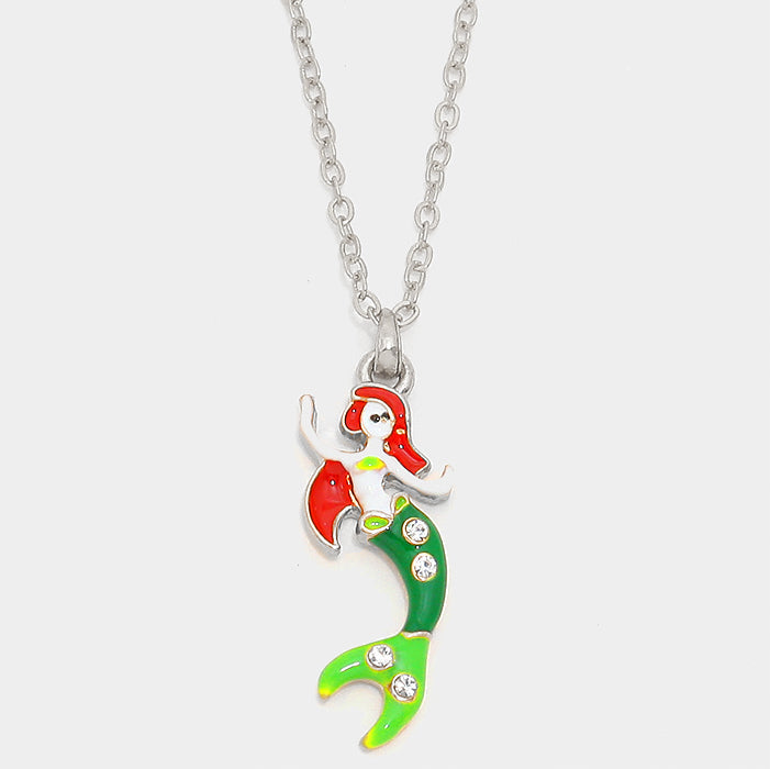 Multi, Rhodium Crystal enamel mermaid pendant necklace