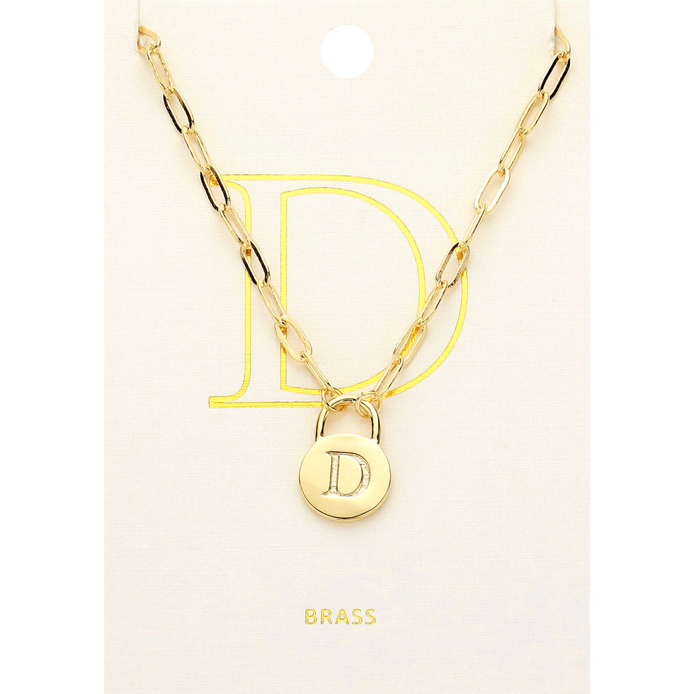 Madeline Love ~D~, Gold -D- Brass Metal Initial Monogram Lock Pendant Necklace - Necklaces