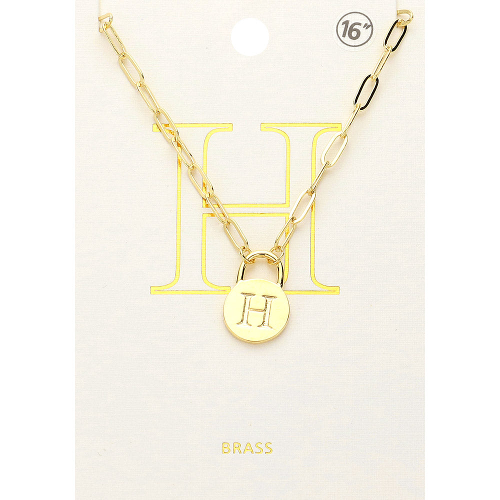 Madeline Love ~H~, Gold -H- Brass Metal Initial Monogram Lock Pendant Necklace - Necklaces