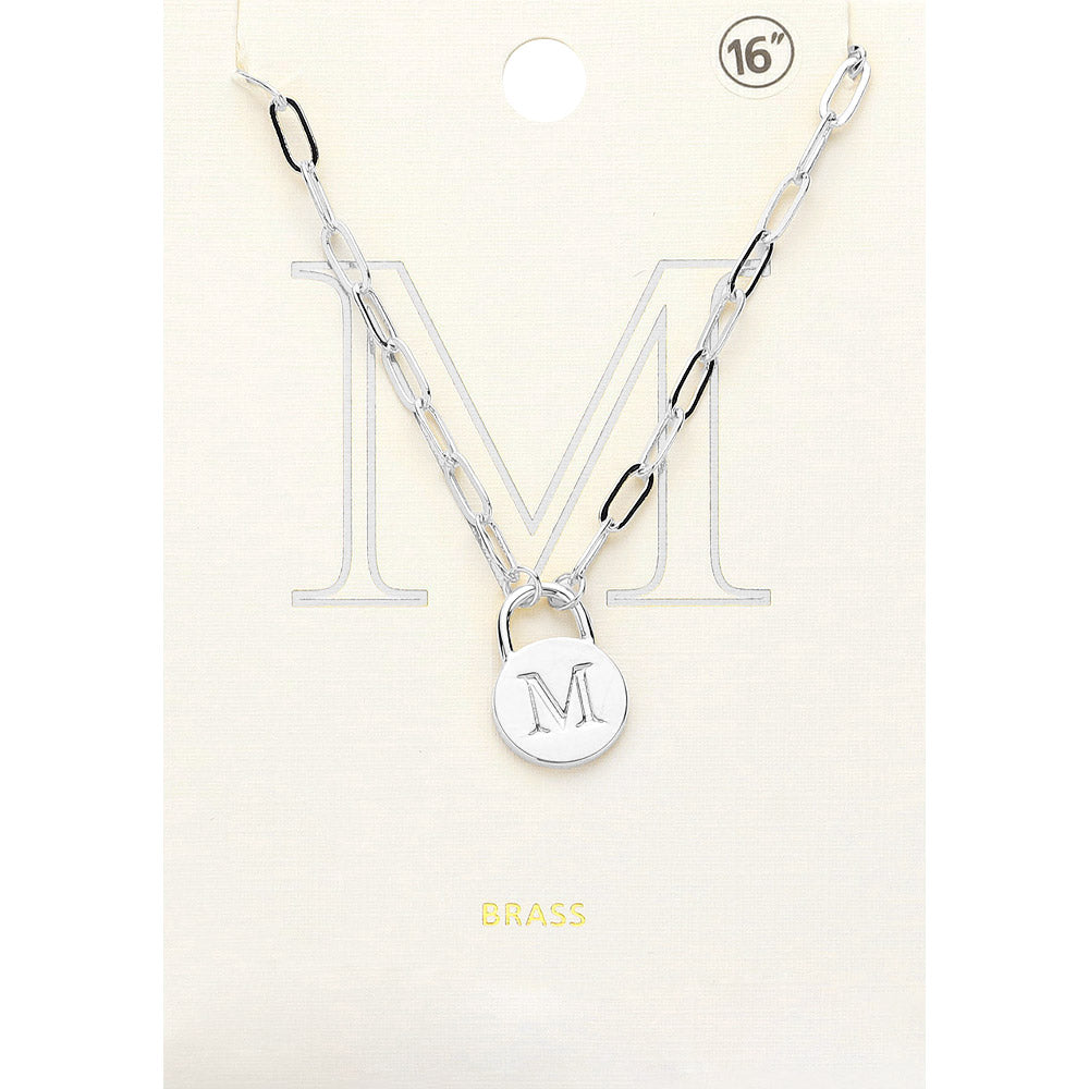Madeline Love ~M~, Rhodium -M- Brass Metal Initial Monogram Lock Pendant Necklace - Necklaces