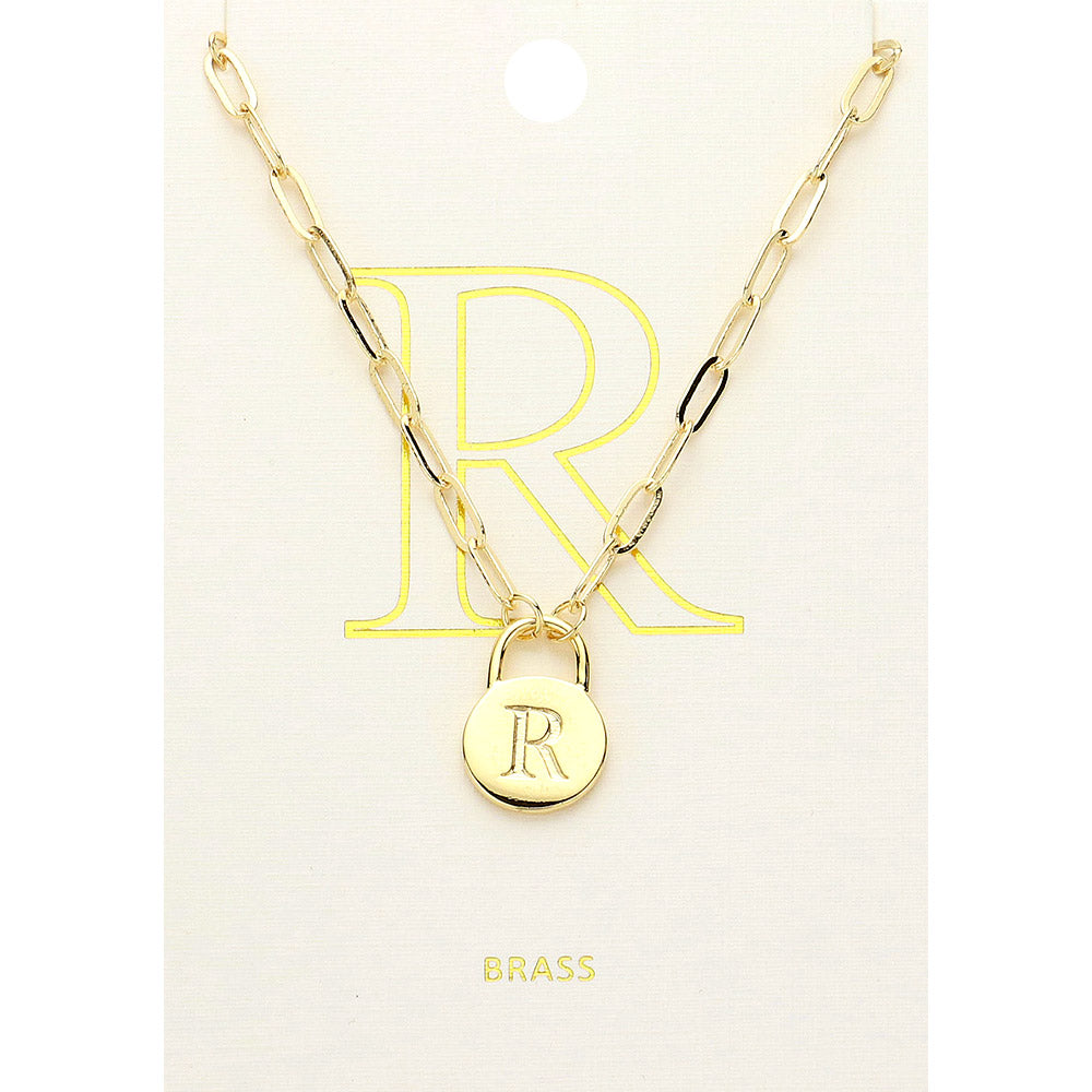 Madeline Love ~R~, Gold -R- Brass Metal Initial Monogram Lock Pendant Necklace - Necklaces