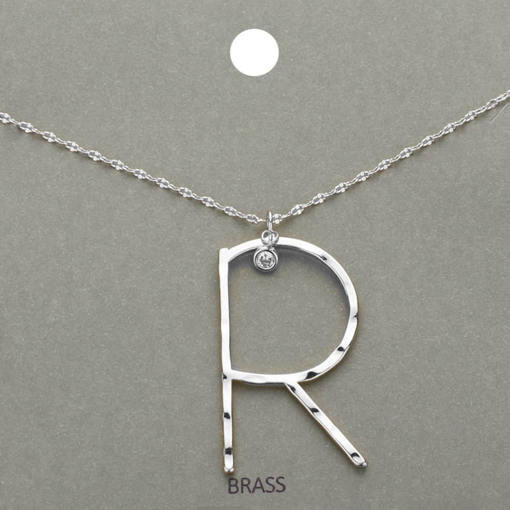 Madeline Love ~R~, Rhodium -R- Initial Monogram Brass Metal Pendant Necklace - Necklaces