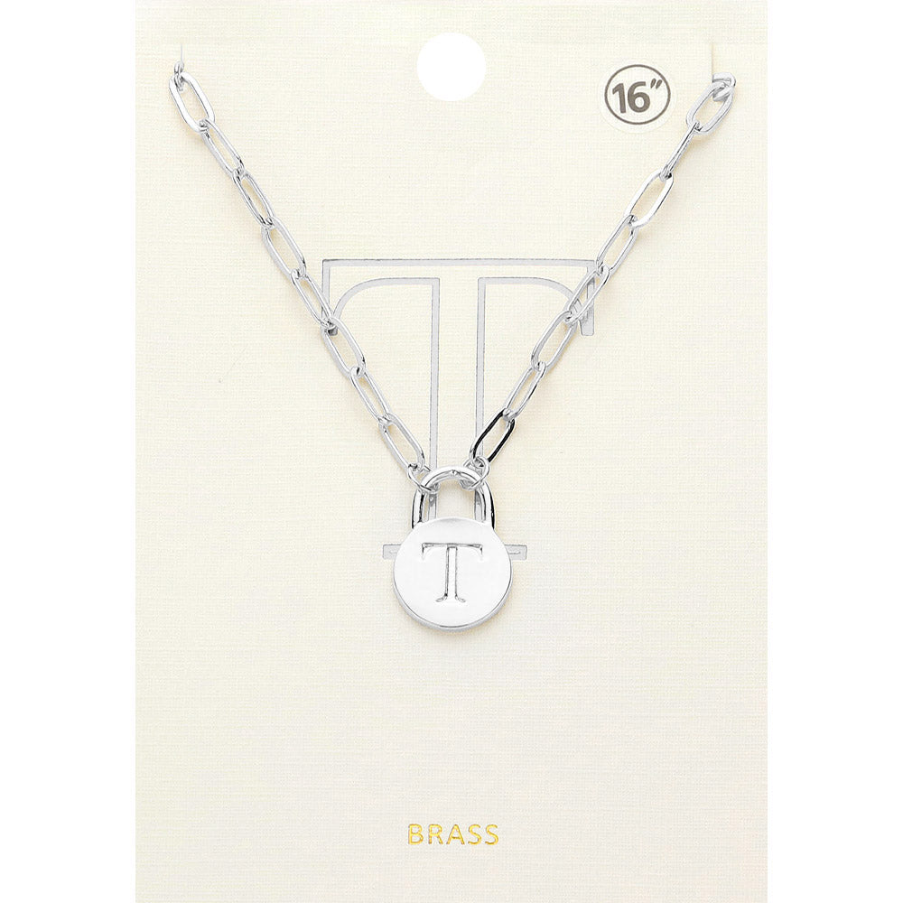 Madeline Love ~T~, Rhodium -T- Brass Metal Initial Monogram Lock Pendant Necklace - Necklaces
