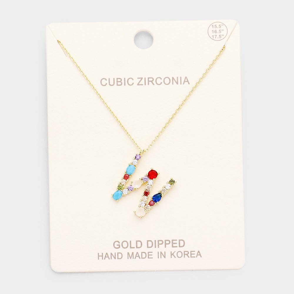 Madeline Love ~W~, Gold, Multi Gold Dipped CZ Letter W Initial Monogram Pendant Necklace - Necklaces
