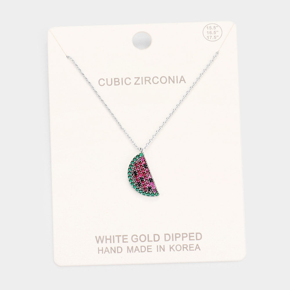 Madeline Love Red, Rhodium White Gold Dipped CZ Watermelon Pendant Necklace - Jewelry