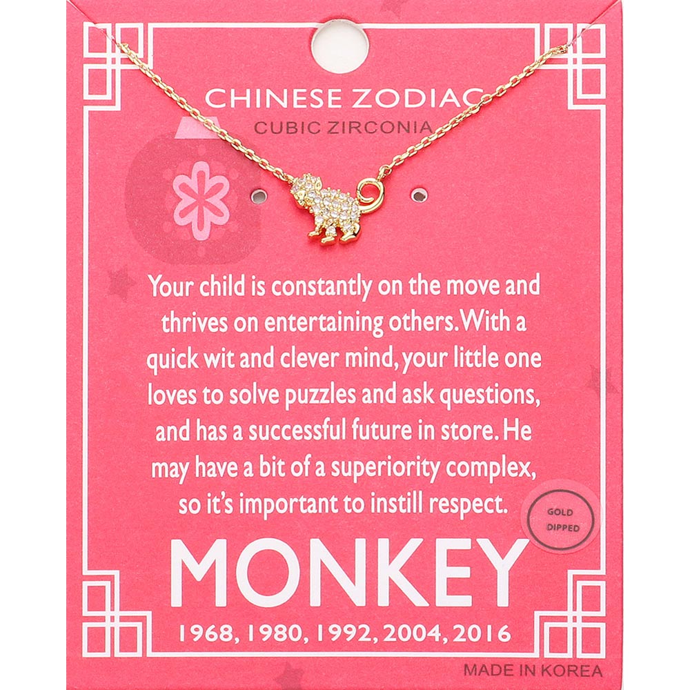Madeline Love Clear, Gold Lunar 12 Zodiac Gold Dipped CZ Monkey Pendant Necklace - Jewelry