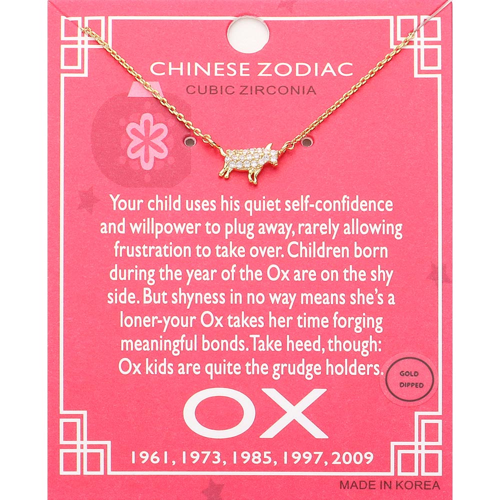Madeline Love Clear, Gold Lunar 12 Zodiac Gold Dipped CZ Ox Pendant Necklace - Jewelry