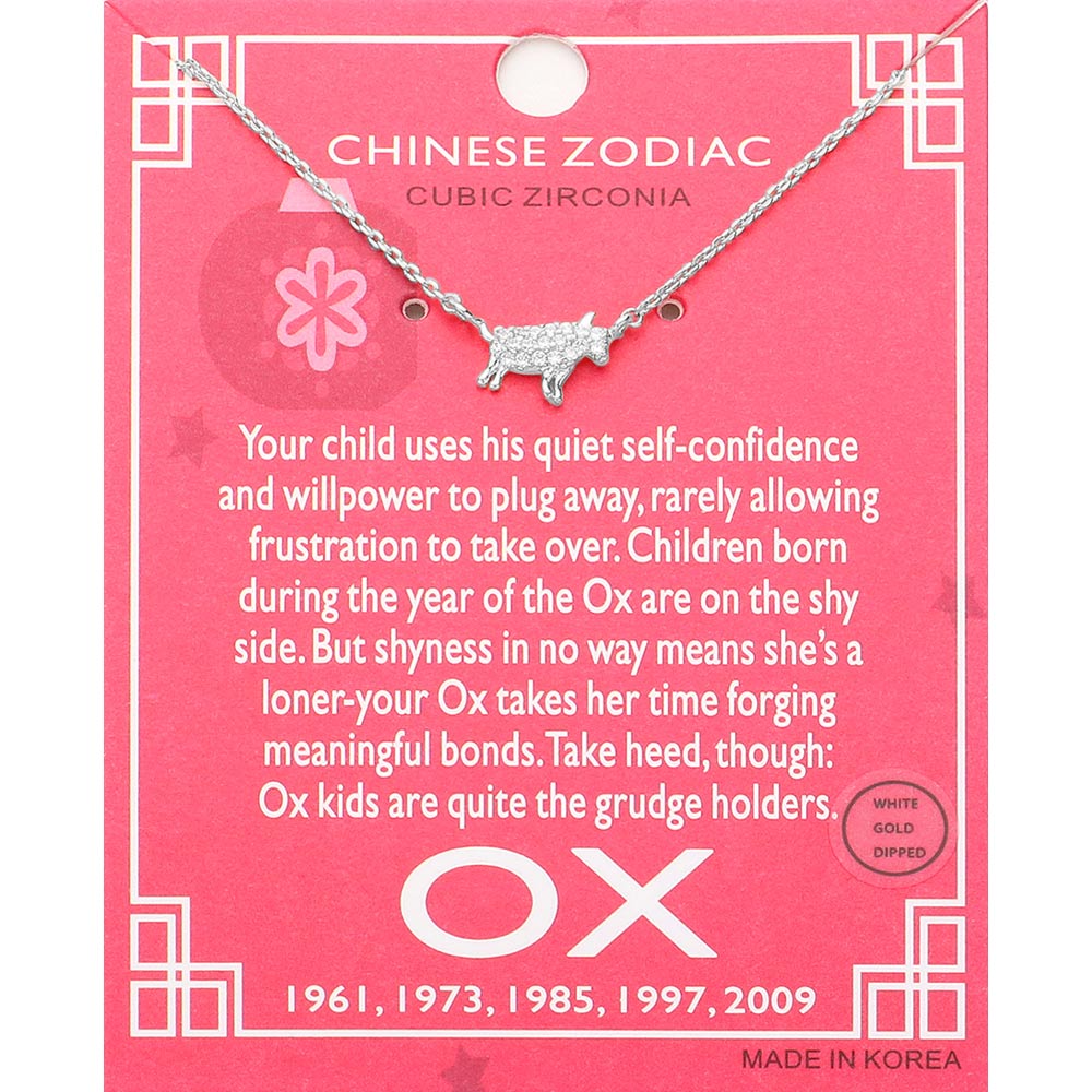 Madeline Love Clear, Rhodium Lunar 12 Zodiac White Gold Dipped CZ Ox Pendant Necklace - Jewelry
