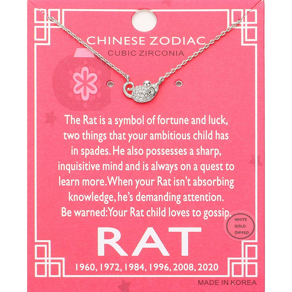 Madeline Love Clear, Rhodium Lunar 12 Zodiac White Gold Dipped CZ Rat Pendant Necklace - Jewelry