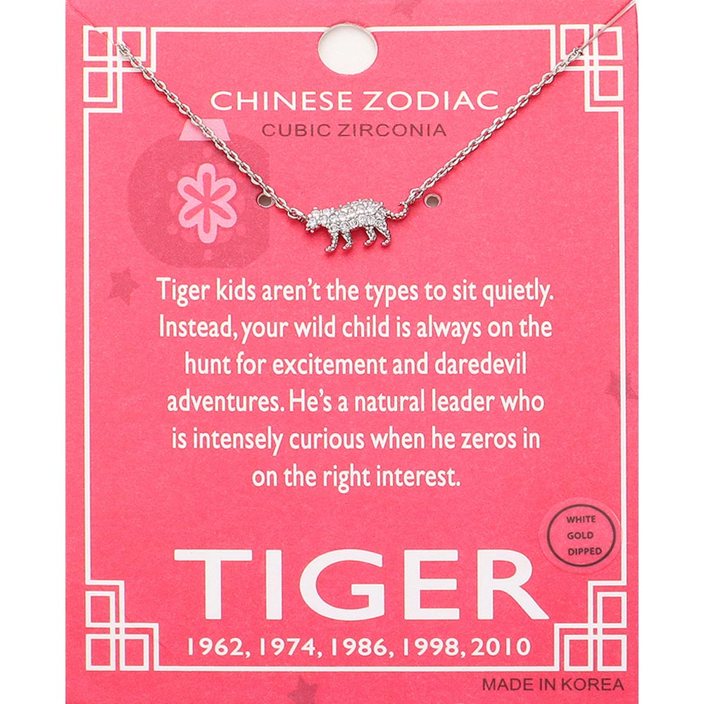 Madeline Love Clear, Rhodium Lunar 12 Zodiac White Gold Dipped CZ Tiger Pendant Necklace - Jewelry