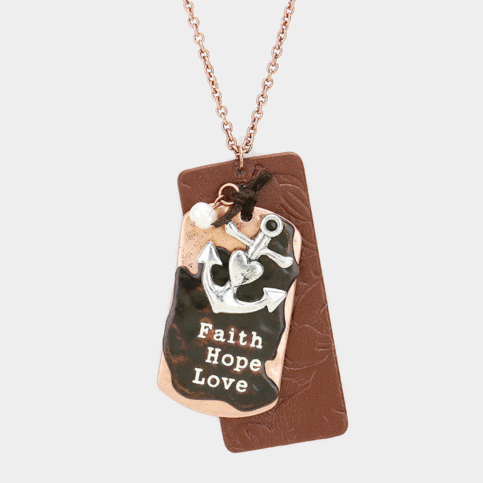 Madeline Love Brown, Copper, Silver Burnished "Faith Hope Love" Metal Anchor Pearl Charm Pendant Necklace - Necklaces