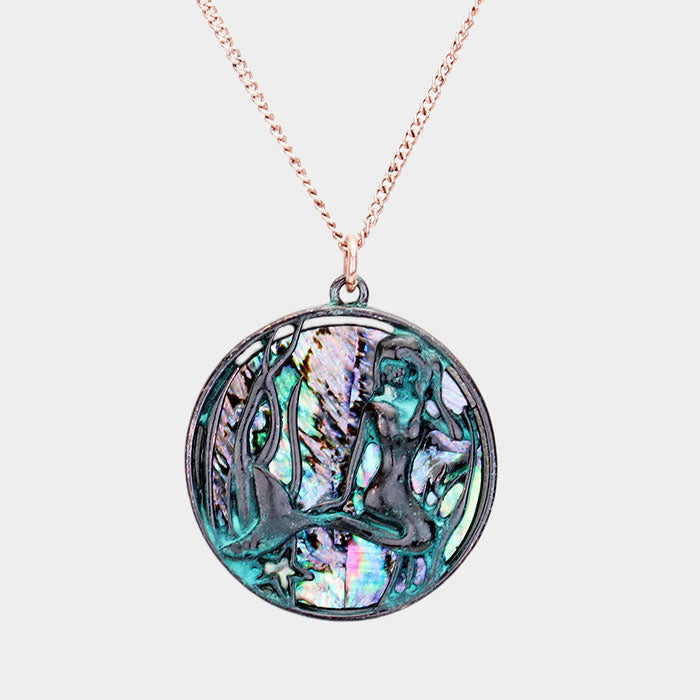 Abalone, Patina Verdigris Mermaid Abalone Round Pendant Necklace