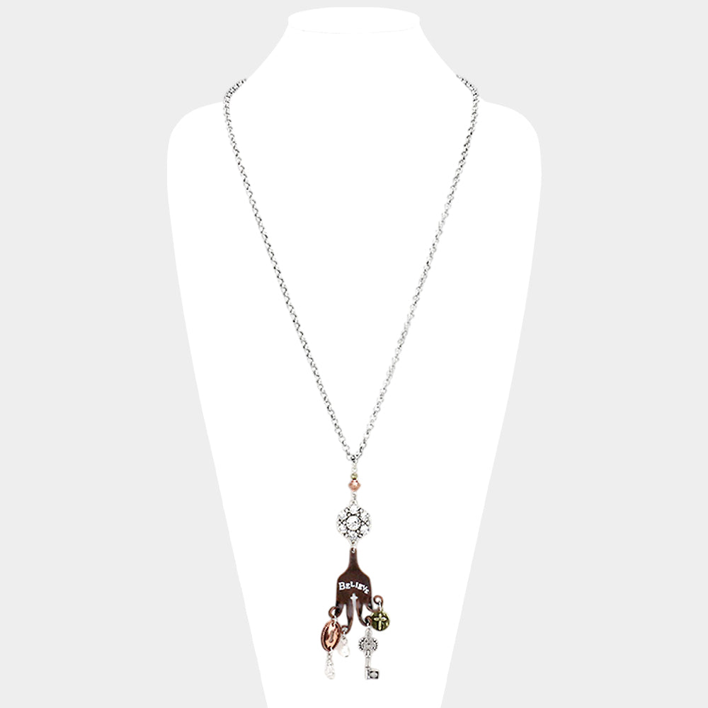 Madeline Love Copper Burnished, Gold Burnished, Silver Burnished "Believe" Cross Key Lock Pearl Pendants Long Necklace - Necklaces