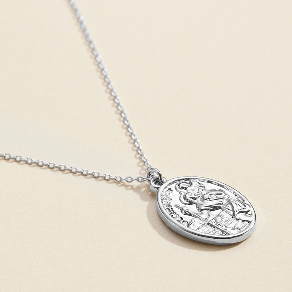 Madeline Love White Gold Semi Fine Collection - 18K White Gold Dipped Pray For Us Message Oval Coin Pendant Necklace - Necklaces