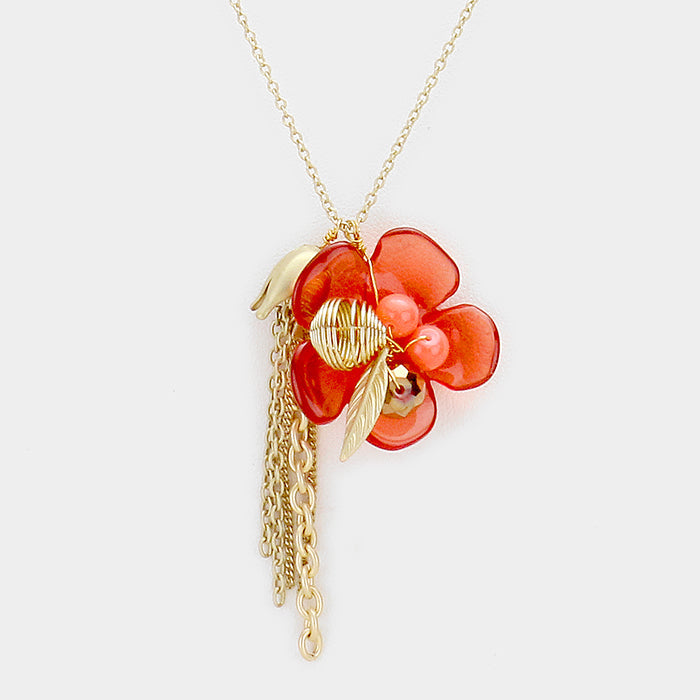 Madeline Love Orange Glass bead detail flower & tassel charm necklace - Necklaces
