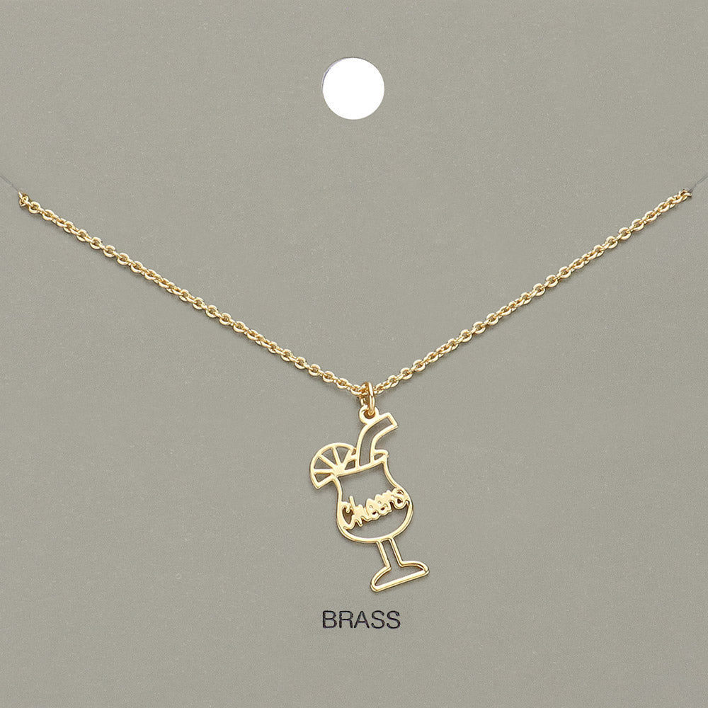 Madeline Love Gold Cheers Message Champagne Tequila Glass Brass Metal Pendant Necklace - Necklaces