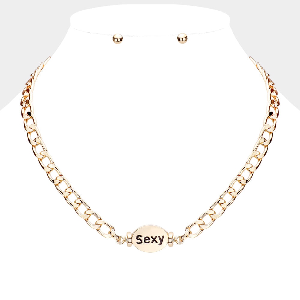 Madeline Love Gold SEXY Metal Oval Message Pendant Necklace - Necklaces