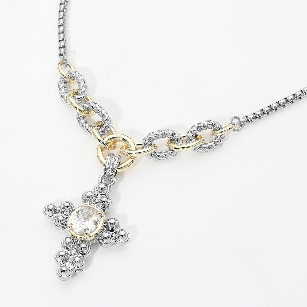 Madeline Love Two Tone 14K Gold Plated Two Tone Oval CZ Accent Cross Pendant Necklace