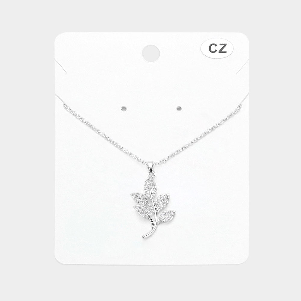 Madeline Love Rhodium CZ Stone Paved Leaf Pendant Necklace - Jewelry