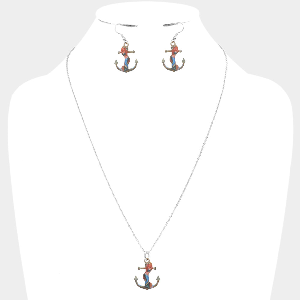 Silver Mermaid Printed Anchor Pendant Necklace