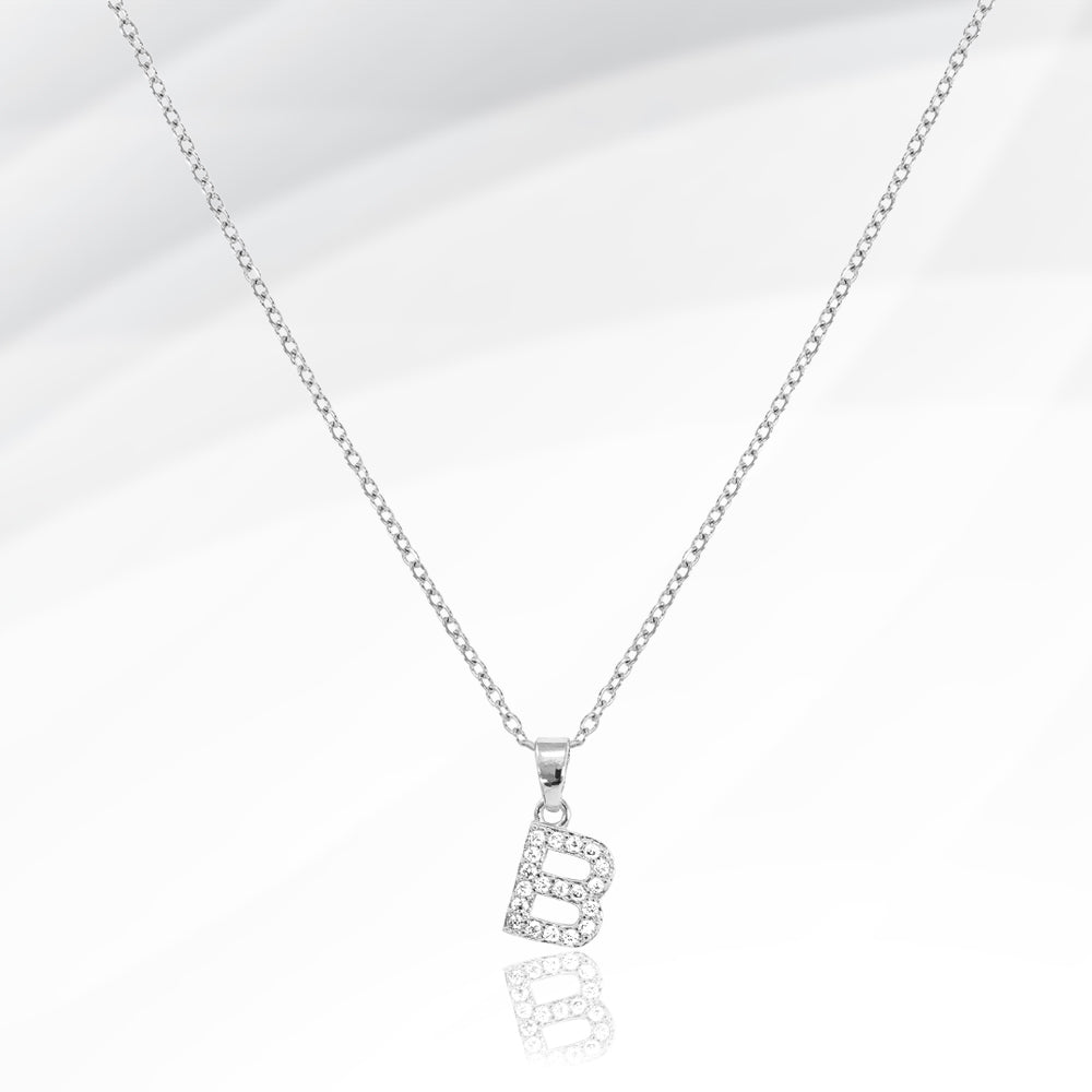 Madeline Love Silver -B- Stainless Steel CZ Stone Paved Initial Monogram Pendant Necklace - Jewelry