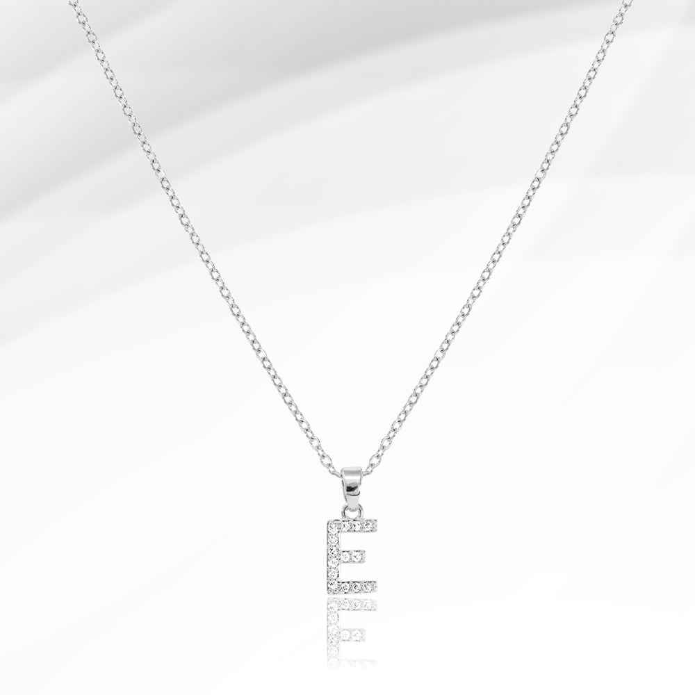 Madeline Love Silver -E- Stainless Steel CZ Stone Paved Initial Monogram Pendant Necklace - Jewelry