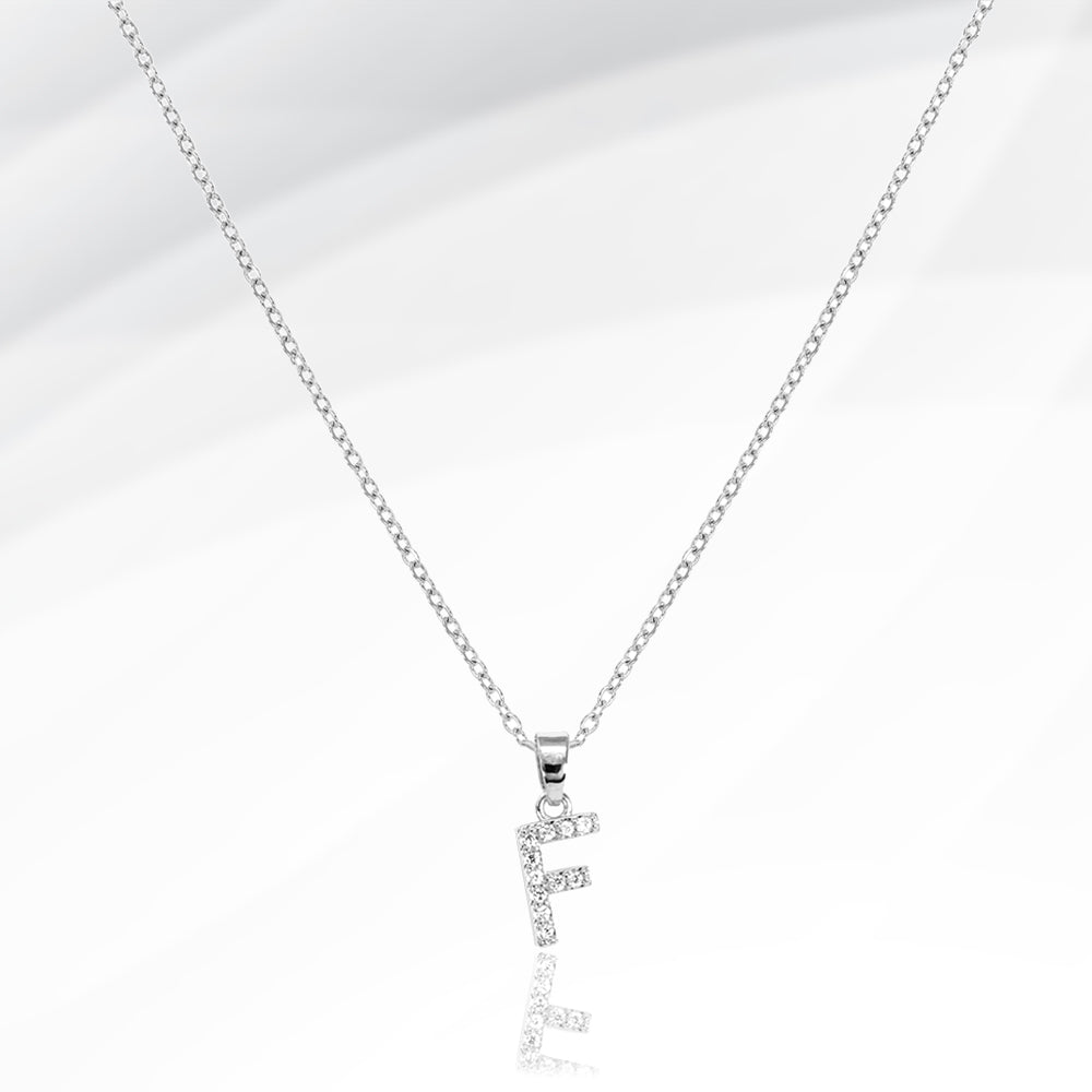 Madeline Love Silver -F- Stainless Steel CZ Stone Paved Initial Monogram Pendant Necklace - Jewelry