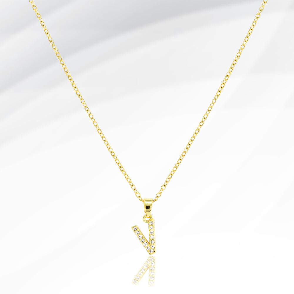 Madeline Love Gold -V- Stainless Steel CZ Stone Paved Initial Monogram Pendant Necklace - Jewelry