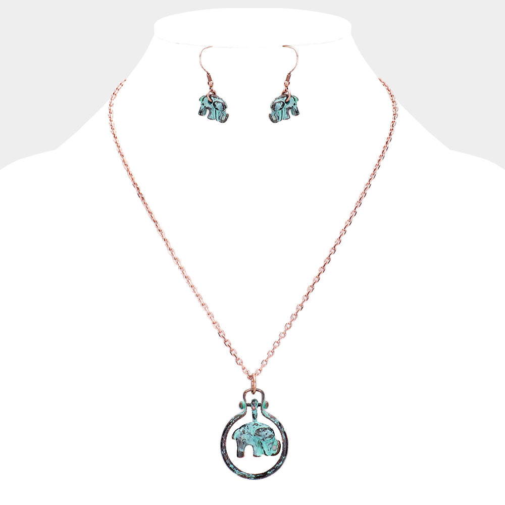 Madeline Love Patina Verdigris Elephant Metal Open Circle Pendant Necklace - Jewelry