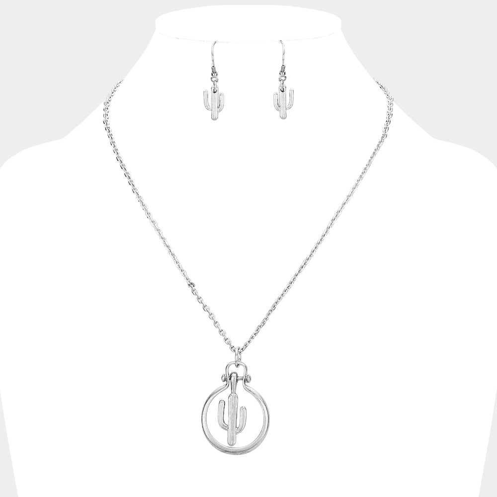 Madeline Love Worn Silver Cactus Metal Open Circle Pendant Necklace - Jewelry