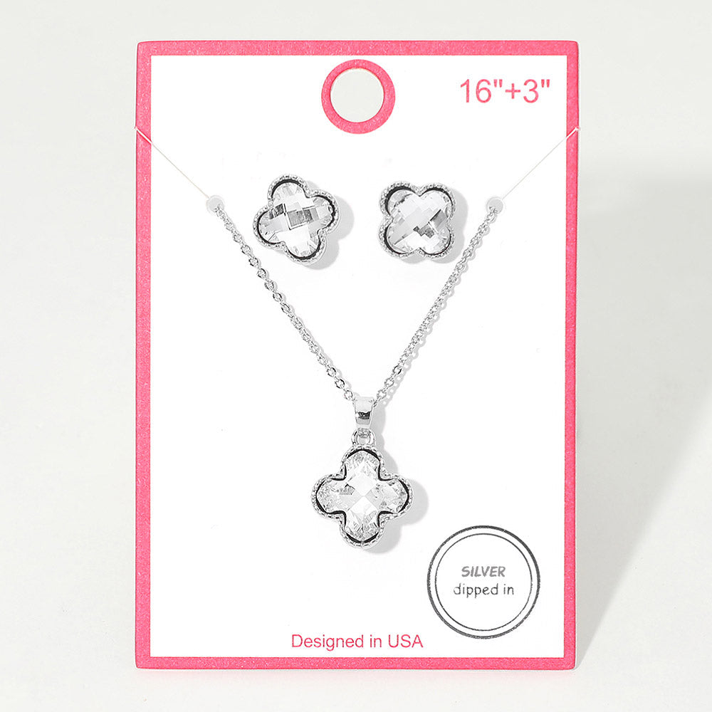 Madeline Love Clear, Rhodium Silver Dipped Quatrefoil Stone Pendant Necklace - Jewelry