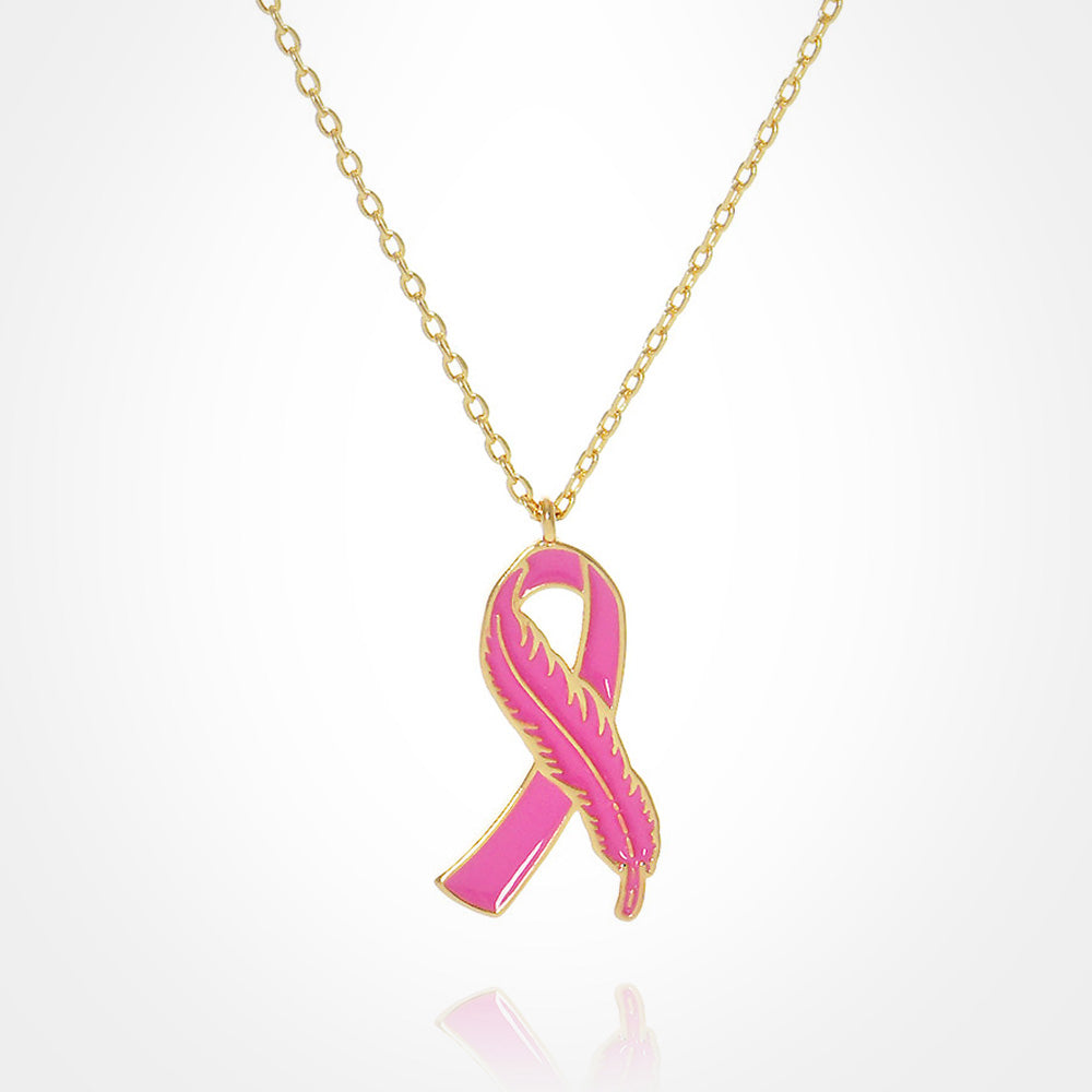 Madeline Love Gold, Pink Gold Dipped Enamel Feather Detailed Pink Ribbon Pendant Necklace - Necklaces