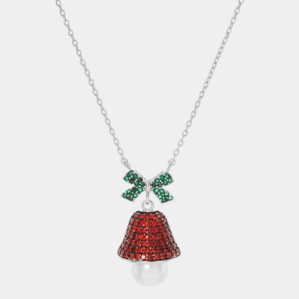 Madeline Love Multi, Rhodium White Gold Dipped Pearl CZ Jingle Bell Pendant Necklace - Necklaces