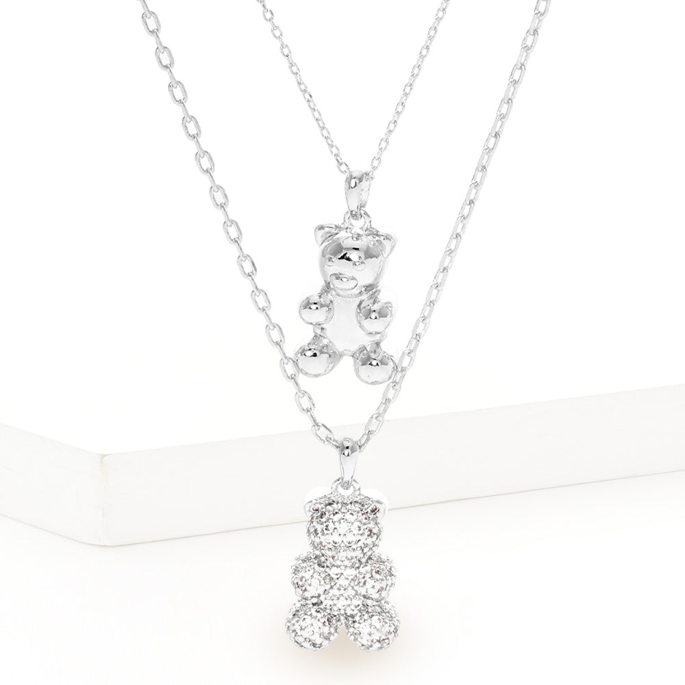 Madeline Love Clear, Rhodium White Gold Dipped CZ Embellished Metal Bear Pendant Double Layered Necklace - Jewelry
