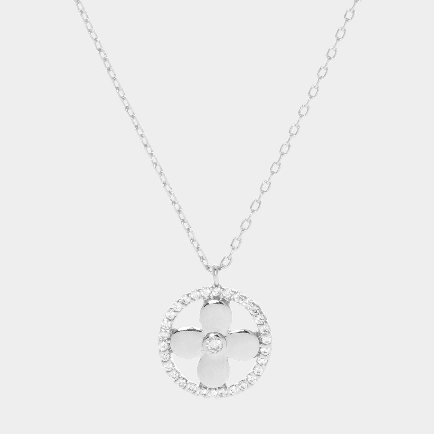 Madeline Love Clear, Rhodium White Gold Dipped CZ Centered Metal Quatrefoil Round Pendant Necklace - Jewelry