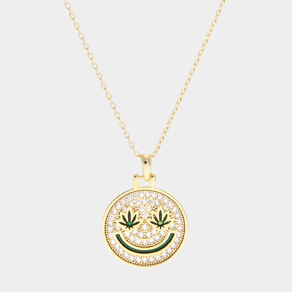 Madeline Love Clear, Gold Gold Dipped Hemp Leaf Pointed CZ Smile Pendant Necklace - Necklaces