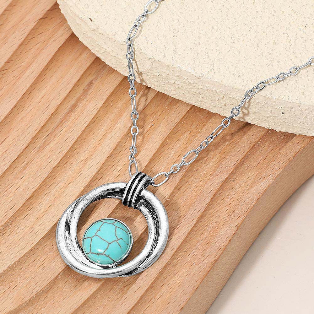 Madeline Love Silver Burnished, Turquoise Boho Round Turquoise Stone Accent Double Open Ring Pendant Necklace - Jewelry
