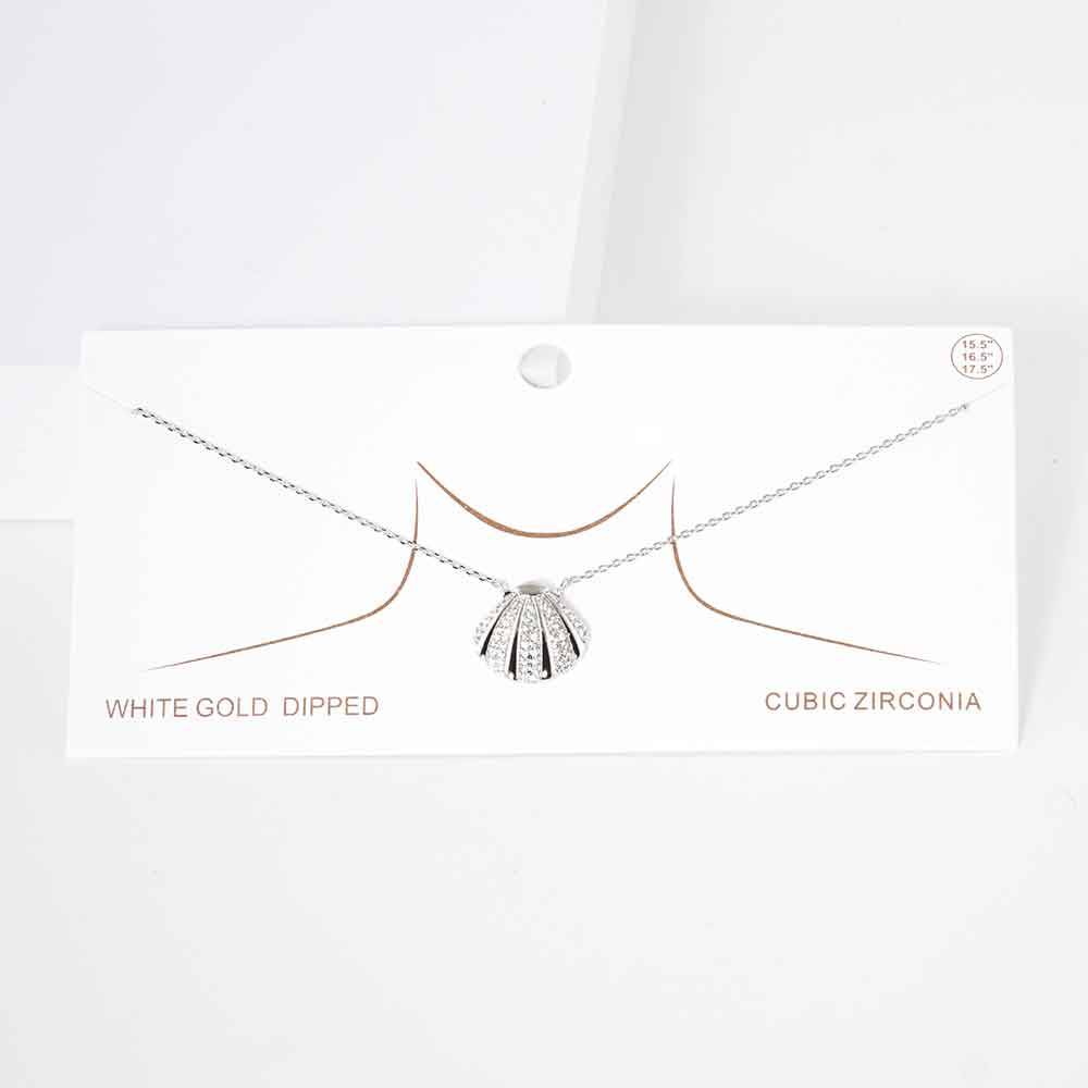 Madeline Love Rhodium White Gold Dipped CZ Embellished Metal Shell Pendant Necklace - Jewelry