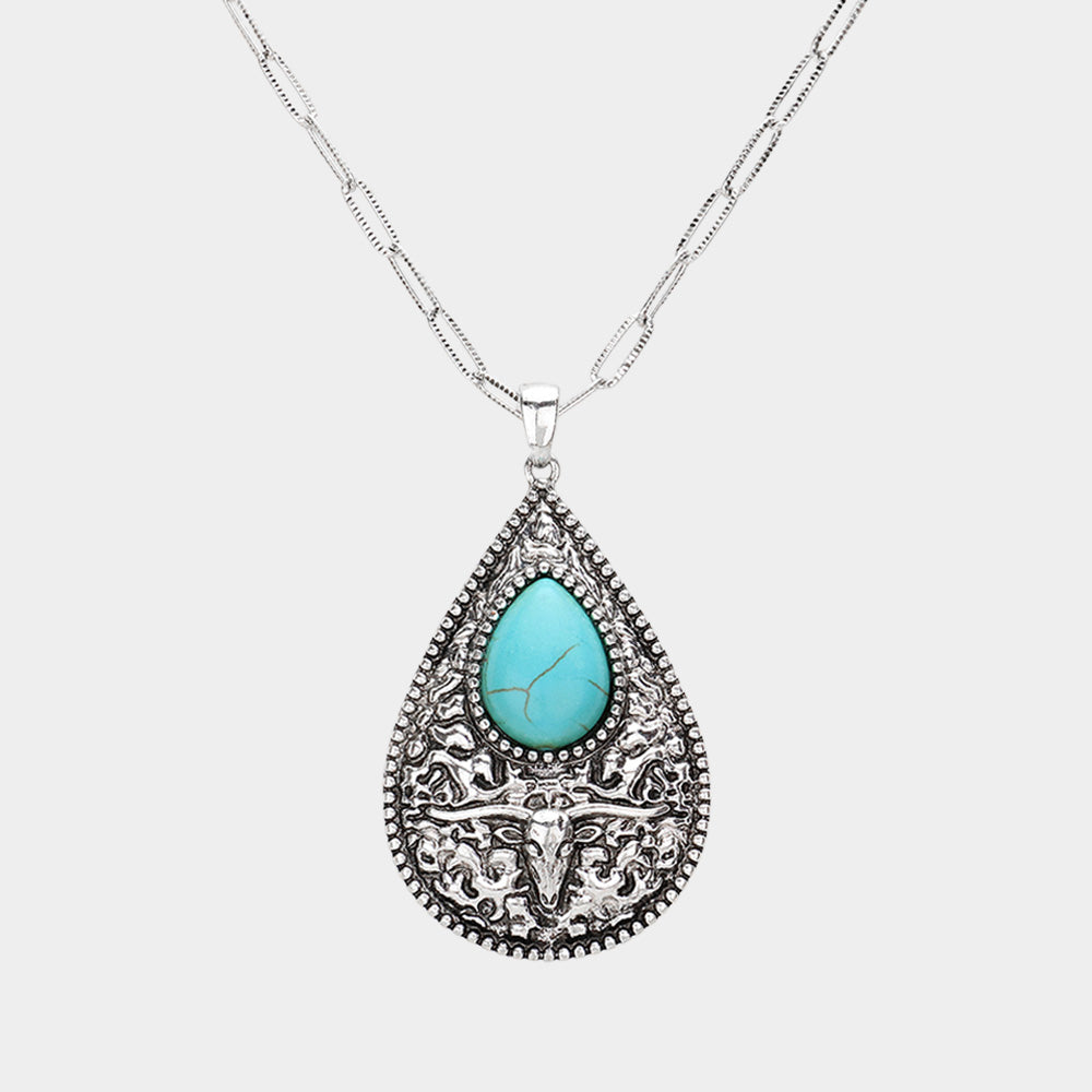 Madeline Love Silver Burnished, Turquoise Western Teardrop Turquoise Stone Pointed Teardrop Plate Pendant Necklace - Jewelry