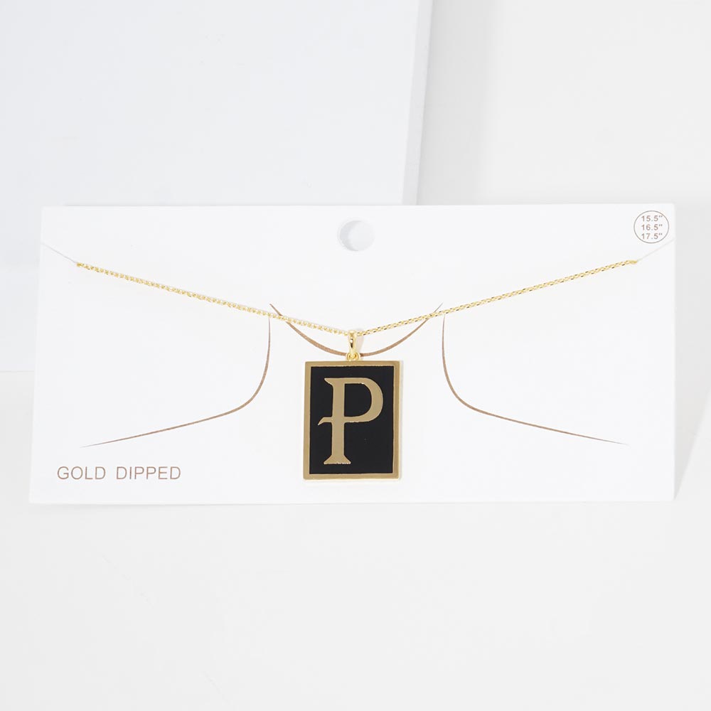 Gold -P- Gold Dipped Enamel Rectangle Initial Monogram Pendant Necklace