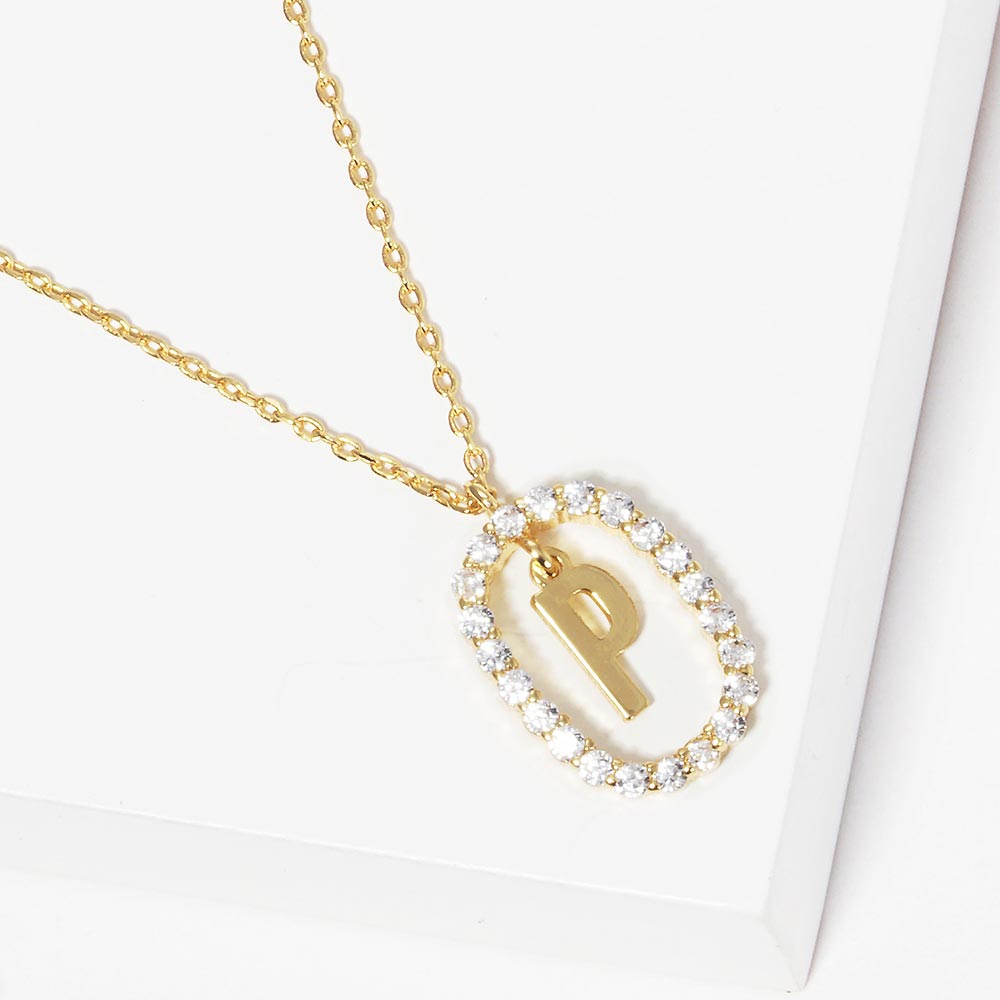 Madeline Love Gold -P- Gold Dipped Metal Initial Monogram Rhinestone Oval Link Pendant Necklace - Jewelry