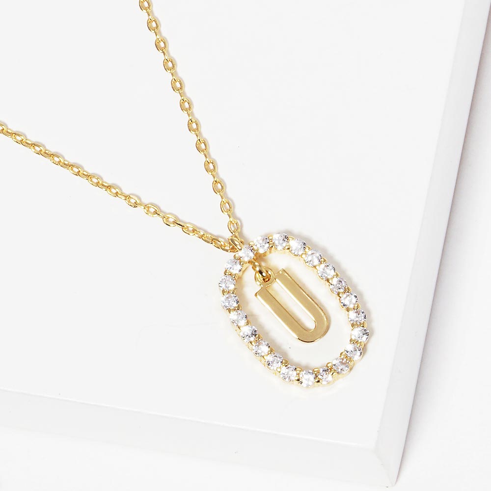 Madeline Love Gold -U- Gold Dipped Metal Initial Monogram Rhinestone Oval Link Pendant Necklace - Jewelry