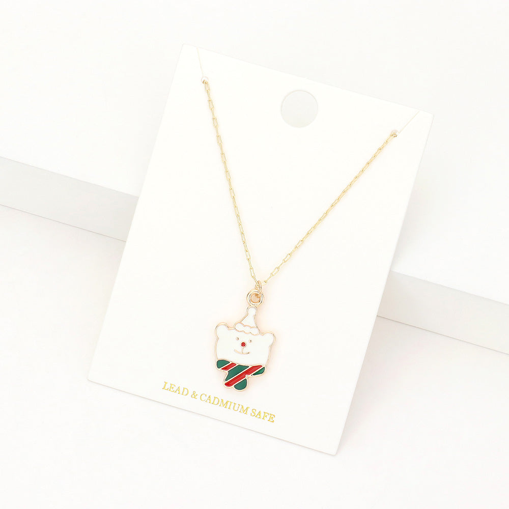 Madeline Love White Enamel Christmas Bear Pendant Necklace - Jewelry