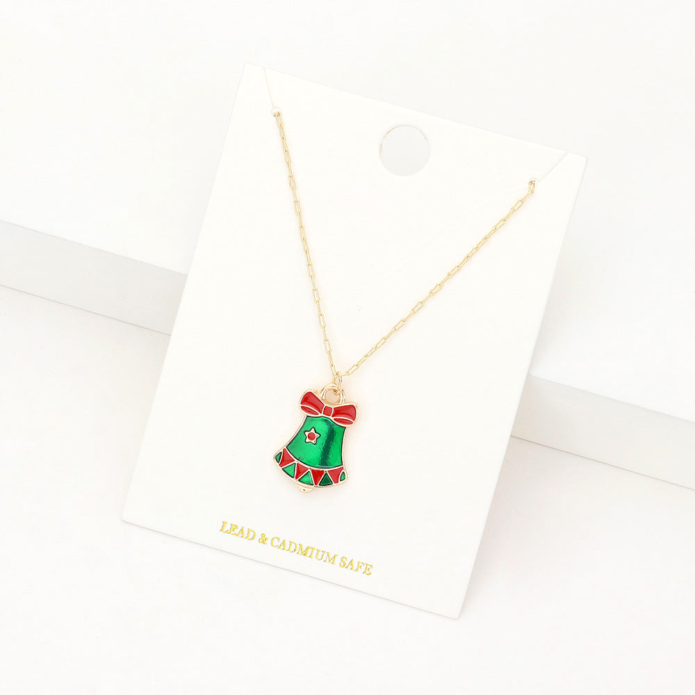 Madeline Love Green Enamel Christmas Bell Pendant Necklace - Jewelry