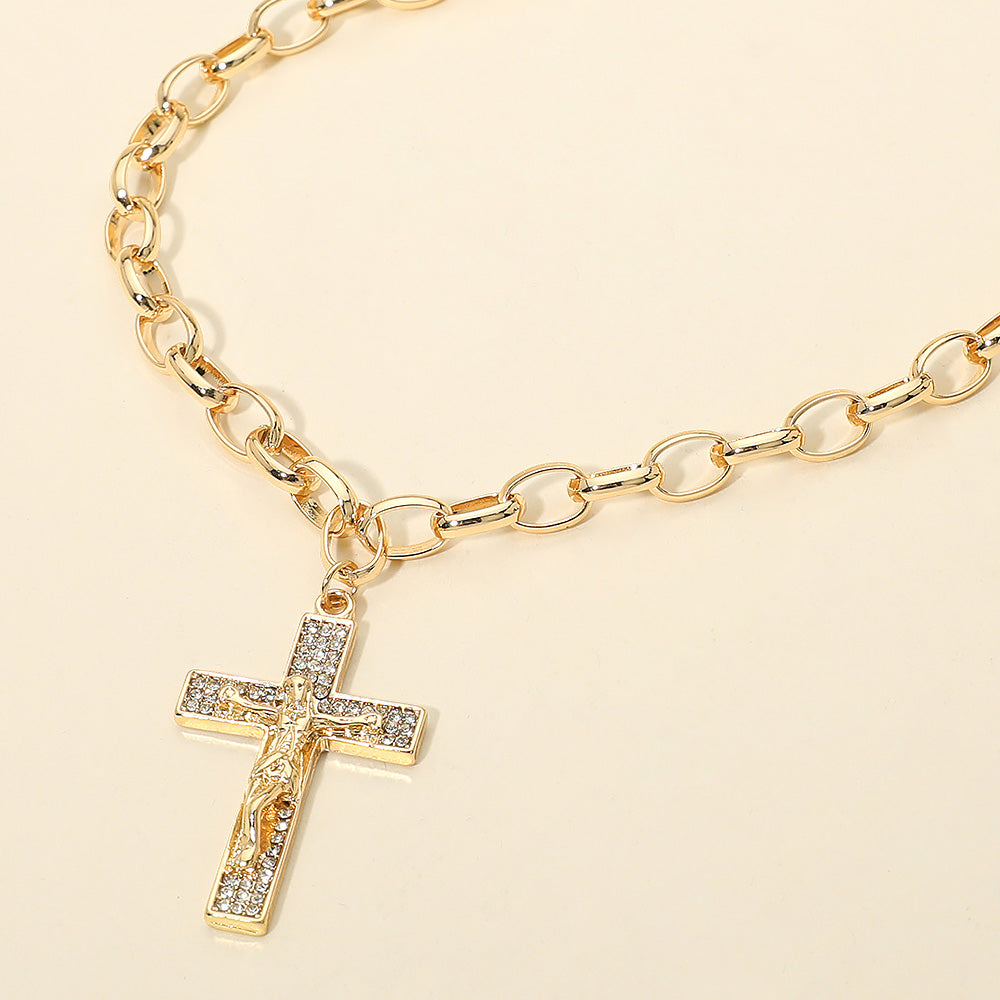 Madeline Love Gold Rhinestone Pave Jesus Christ Cross Pendant Chunk Chain Necklace - Necklaces