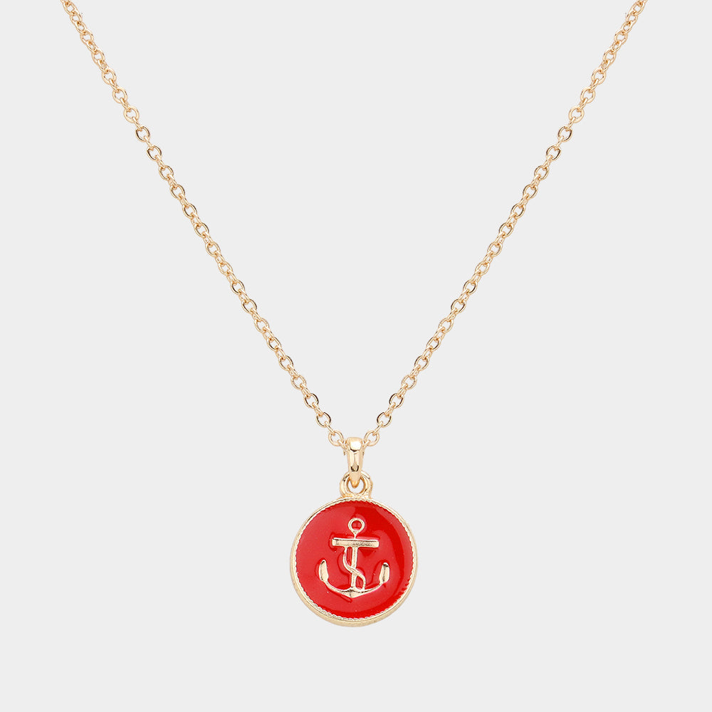 Red Enamel Anchor Disc Pendant Necklace