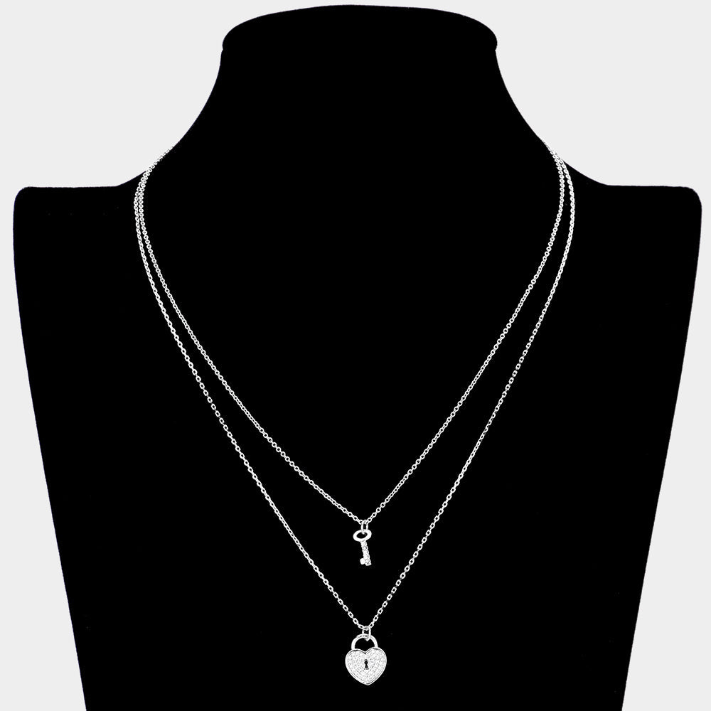 Brass Rhinestone Embellished Metal Heart Lock Key Pendant Double Layered Necklace