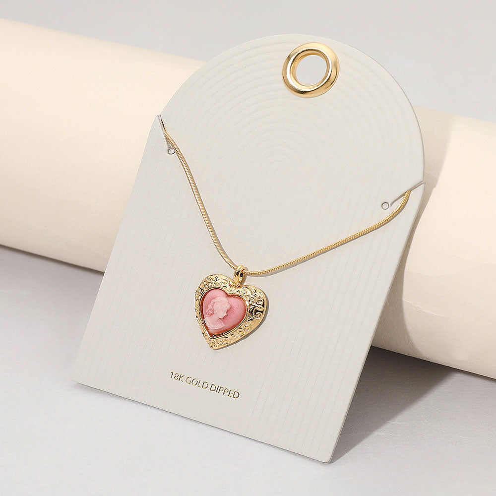 Madeline Love Gold, Pink 18K Gold Dipped Vintage Cameo Heart Pendant Necklace - Jewelry