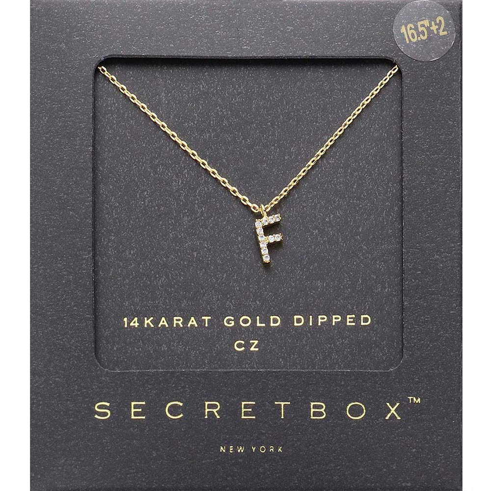 Madeline Love ~F~, Gold -F- Secret Box _ 14K Gold Dipped CZ Initial Monogram Pendant Necklace - Jewelry