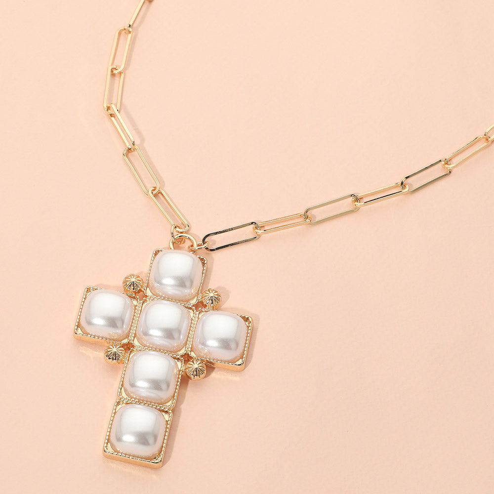 Madeline Love Cream, Gold Bold Geometric Pearl Cross Charm Paperclip Chain Necklace